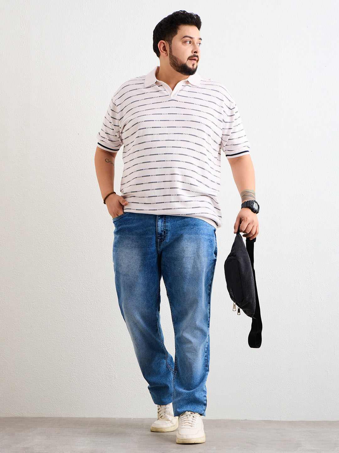 Neon Chillie Men's Plus Size Half Sleeve Polo Ribbed T Shirt - 150-Cream