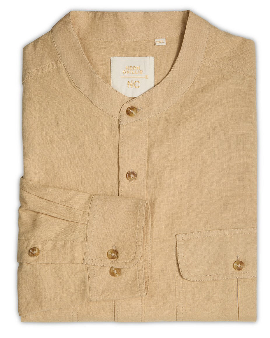 Plus Size Cotton Linen Shirt 1 Pocket Regular Fit Smart Casual Shirt, Style- Plus-2k53-HoneyGold