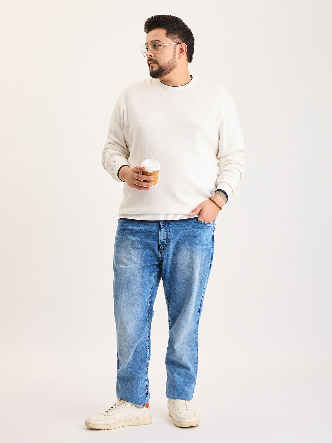 Flat Knit Full Sleeve Polo Ribbed T Shirt  - White - Style 133