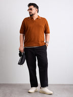 Flat Knit Half Sleeve Polo Ribbed T Shirt  - Rust - Style 138-Rust