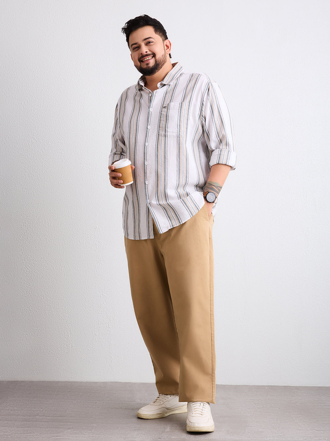 Plus Size Cotton 1 Pocket Regular Fit Smart Casual Shirt  - Beige - Style 1269
