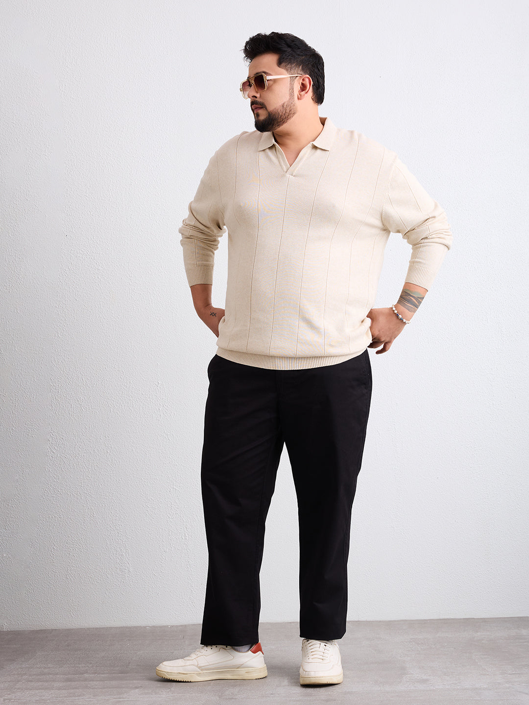 Flat Knit Full Sleeve Polo Ribbed T Shirt  - Ash Grey - Style 137