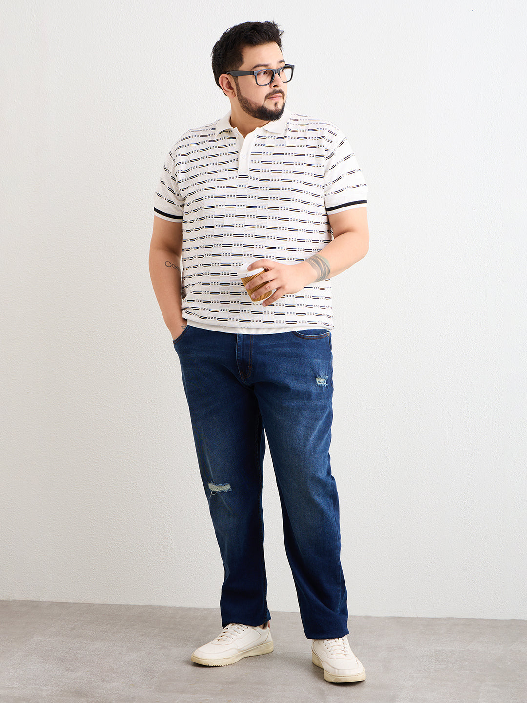 Neon Chillie Men's Plus Size Half Sleeve Polo Ribbed T Shirt - 144-White