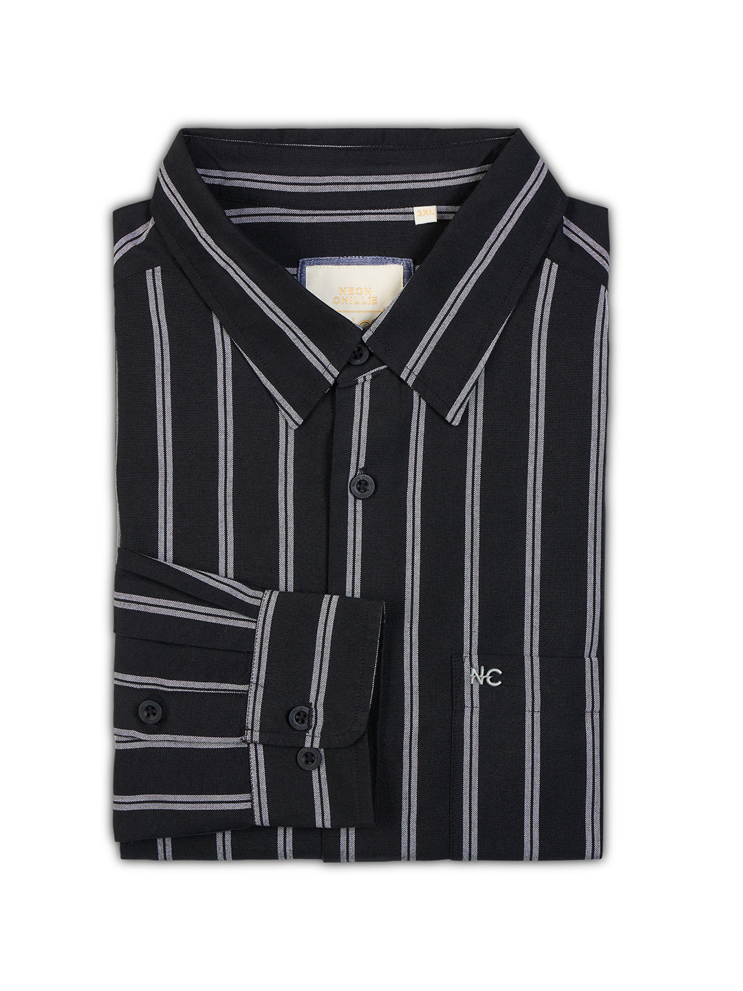 Plus Size Cotton Stripes Shirt 1 Pocket Regular Fit Smart Casual Shirt, Style- Plus-1266-black