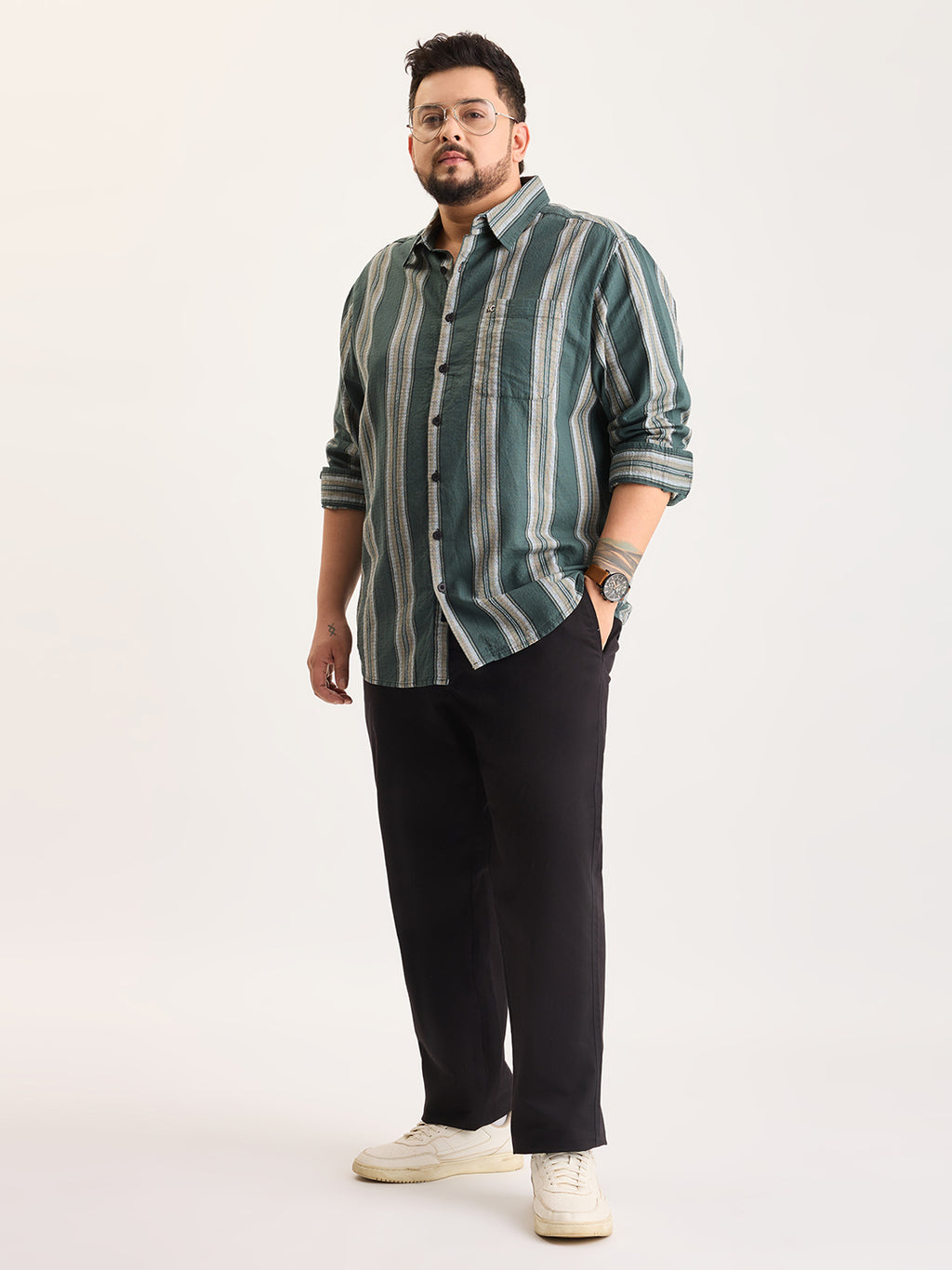Plus Size Cotton 1 Pocket Regular Fit Smart Casual Shirt  - Green - Style 1269