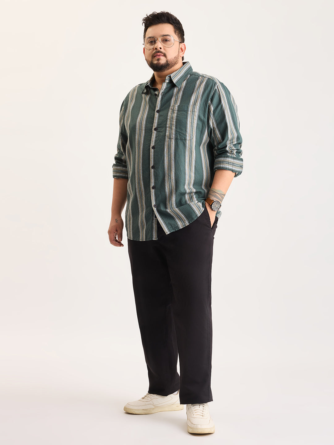 Plus Size Cotton 1 Pocket Regular Fit Smart Casual Shirt  - Green - Style 1269