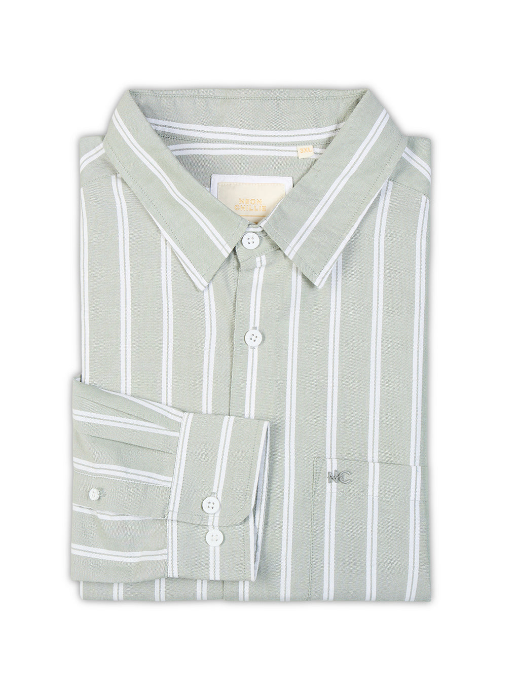 Plus Size Cotton Stripes Shirt 1 Pocket Regular Fit Smart Casual Shirt, Style- Plus-1266-Sage Green