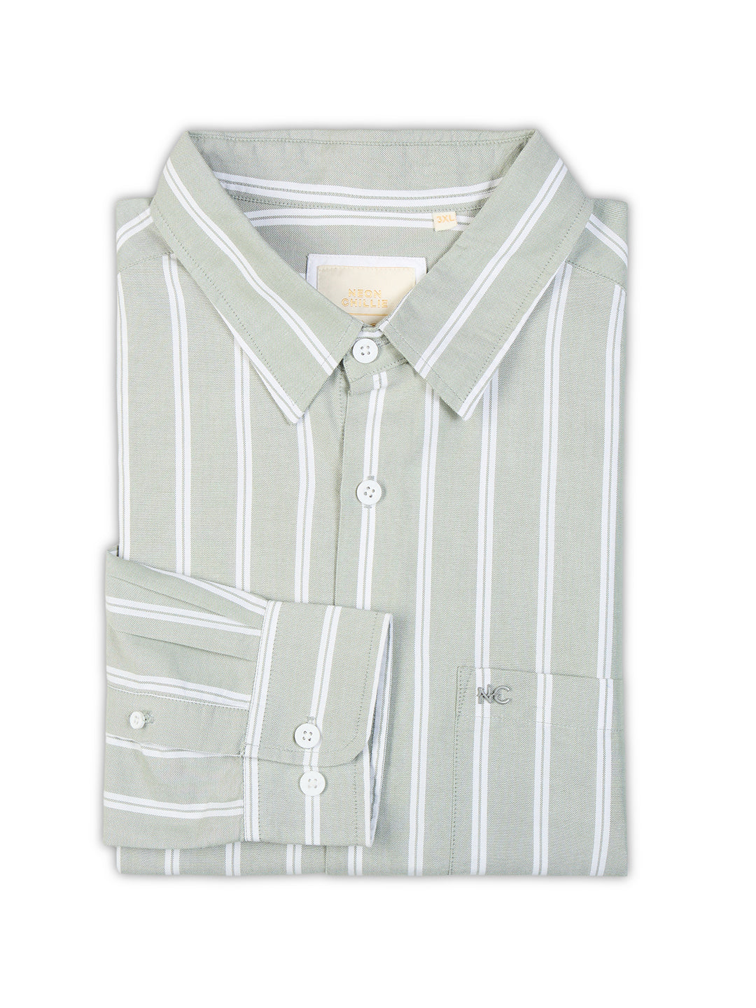 Plus Size Cotton Stripes Shirt 1 Pocket Regular Fit Smart Casual Shirt, Style- Plus-1266-Sage Green