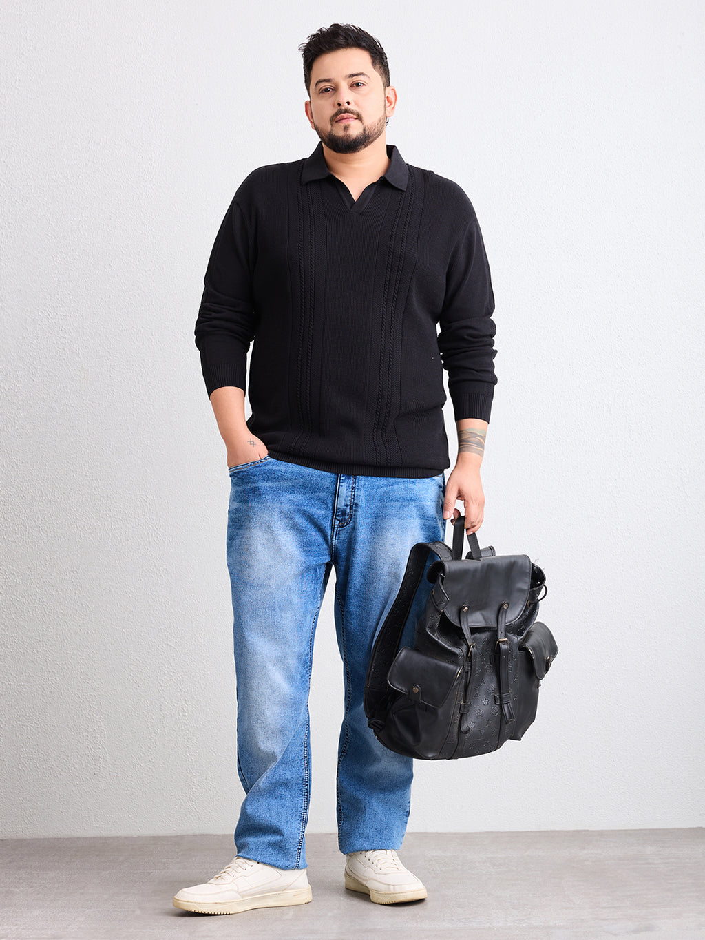 Flat Knit Full Sleeve Polo Ribbed T Shirt  - Black - Style 136
