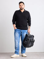 Flat Knit Full Sleeve Polo Ribbed T Shirt  - Black - Style 136