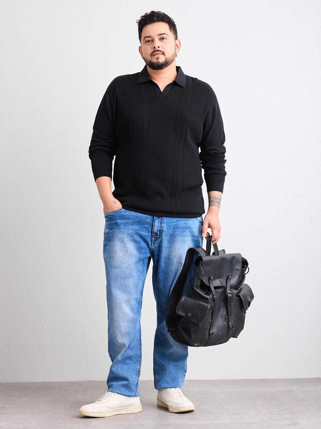 Flat Knit Full Sleeve Polo Ribbed T Shirt  - Black - Style 136