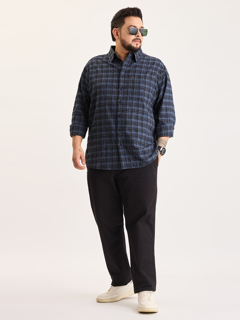 Plus Size Cotton 1 Pocket Regular Fit Smart Casual Shirt  - Blue - Style 1264