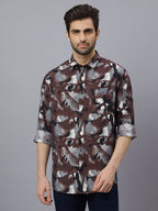 Men Brown Black Printed Long Sleeve Cotton Casual Shirt