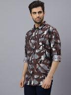 Men Brown Black Printed Long Sleeve Cotton Casual Shirt