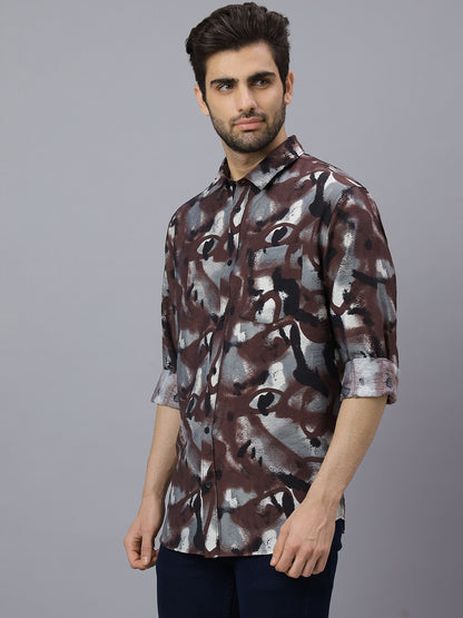 Men Brown Black Printed Long Sleeve Cotton Casual Shirt