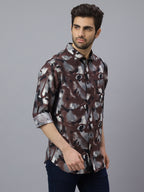 Men Brown Black Printed Long Sleeve Cotton Casual Shirt