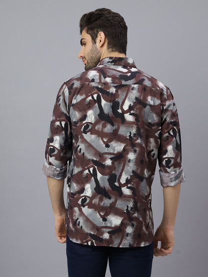Men Brown Black Printed Long Sleeve Cotton Casual Shirt