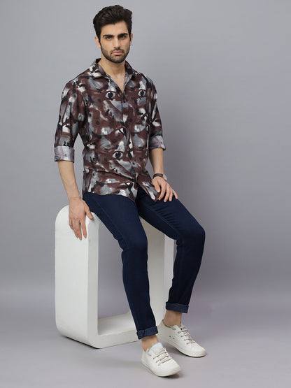 Men Brown Black Printed Long Sleeve Cotton Casual Shirt