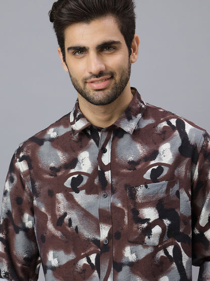 Men Brown Black Printed Long Sleeve Cotton Casual Shirt