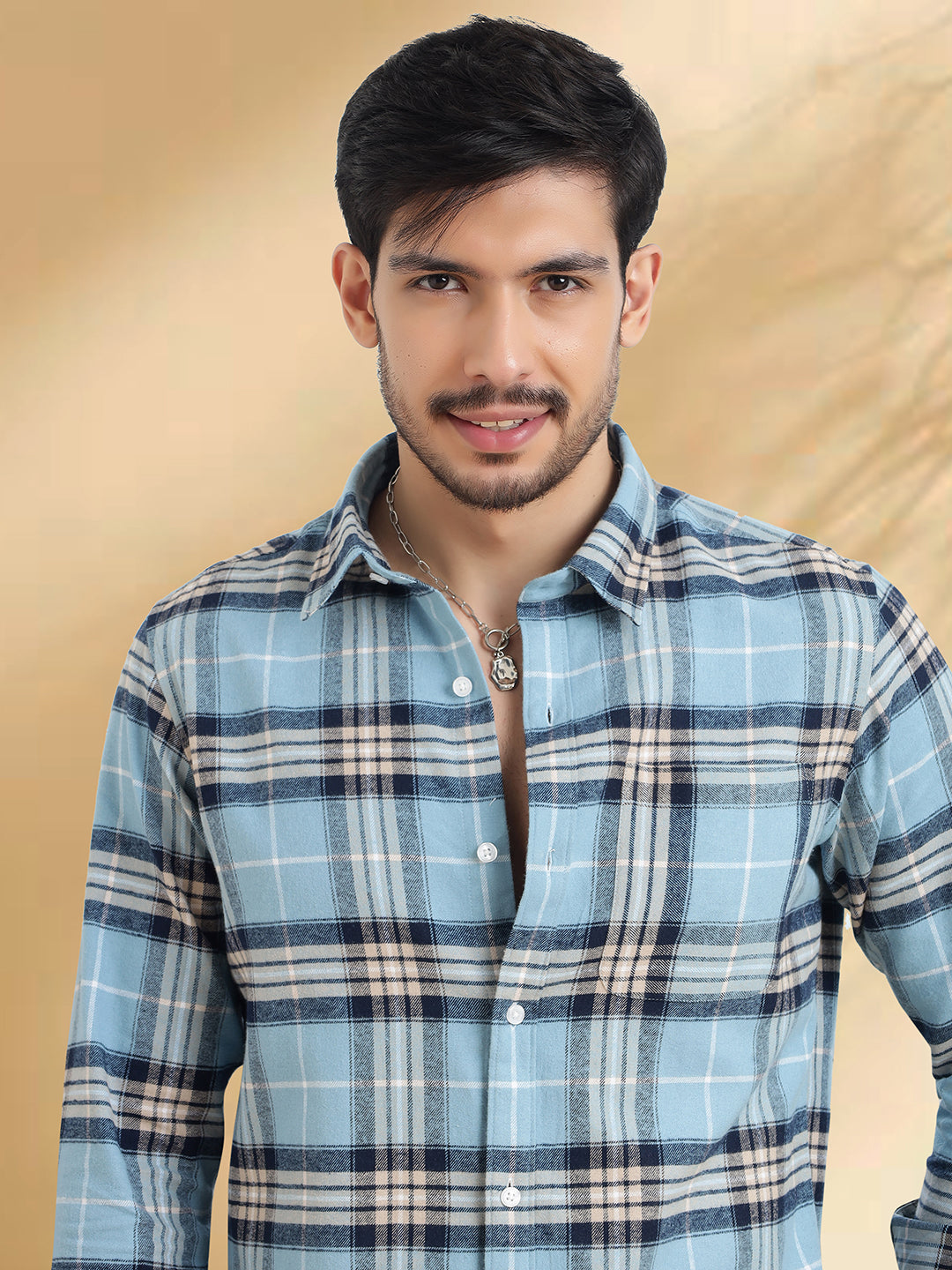 Men Brushed Flannel Sky Blue, Navy and White Checkered Classic Fit Smart Casual Shirt