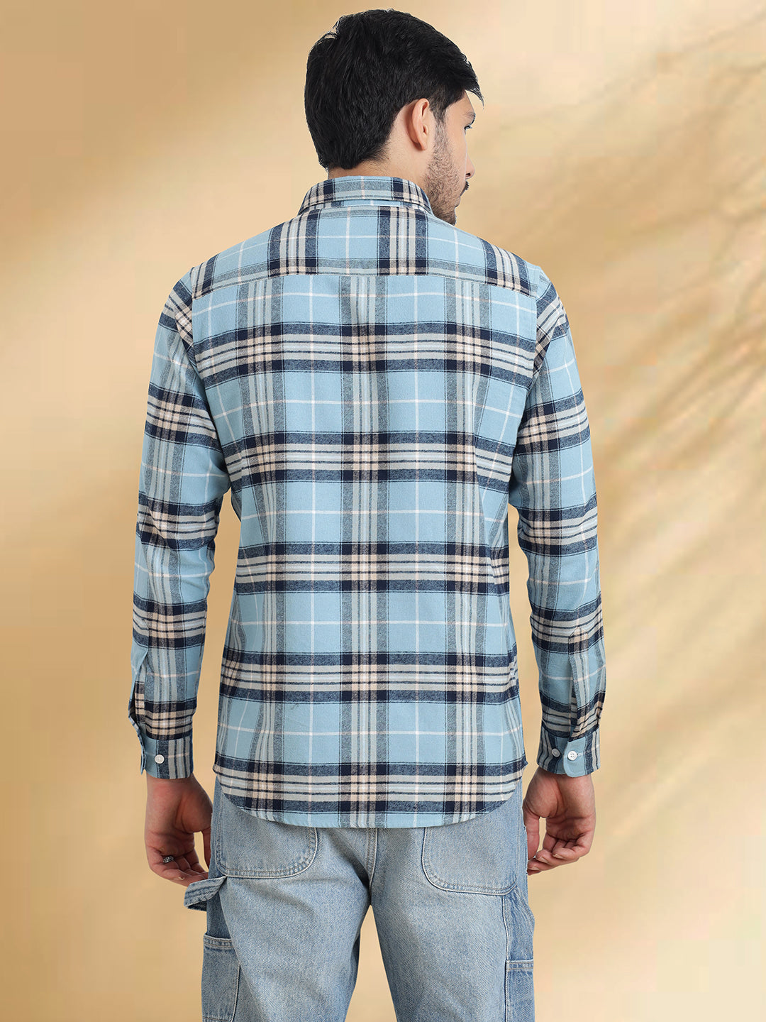 Men Brushed Flannel Sky Blue, Navy and White Checkered Classic Fit Smart Casual Shirt