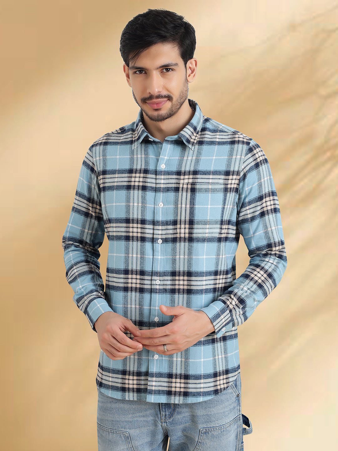 Men Brushed Flannel Sky Blue, Navy and White Checkered Classic Fit Smart Casual Shirt
