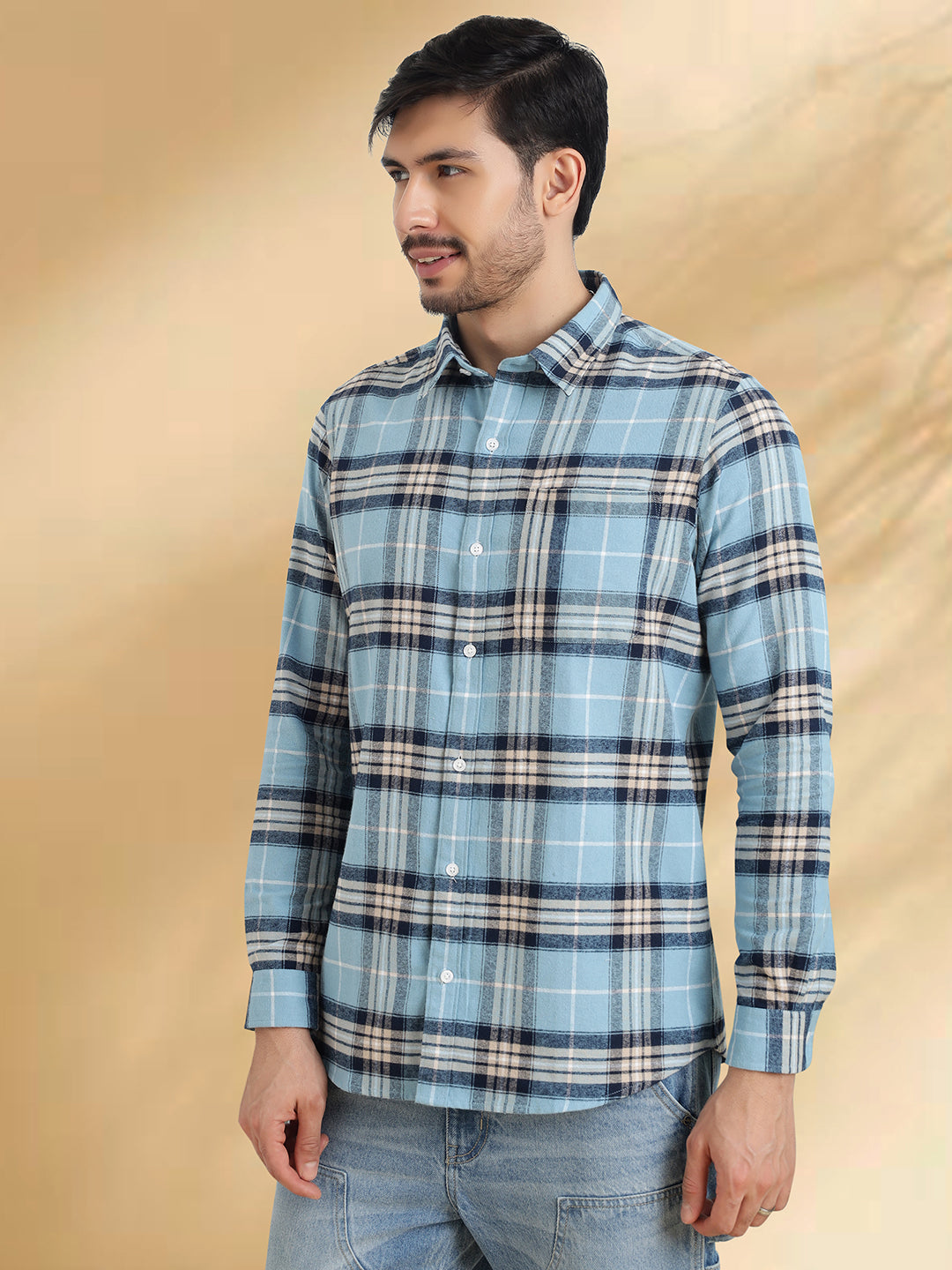 Men Brushed Flannel Sky Blue, Navy and White Checkered Classic Fit Smart Casual Shirt