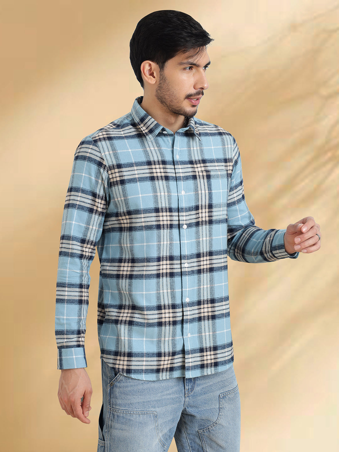 Men Brushed Flannel Sky Blue, Navy and White Checkered Classic Fit Smart Casual Shirt