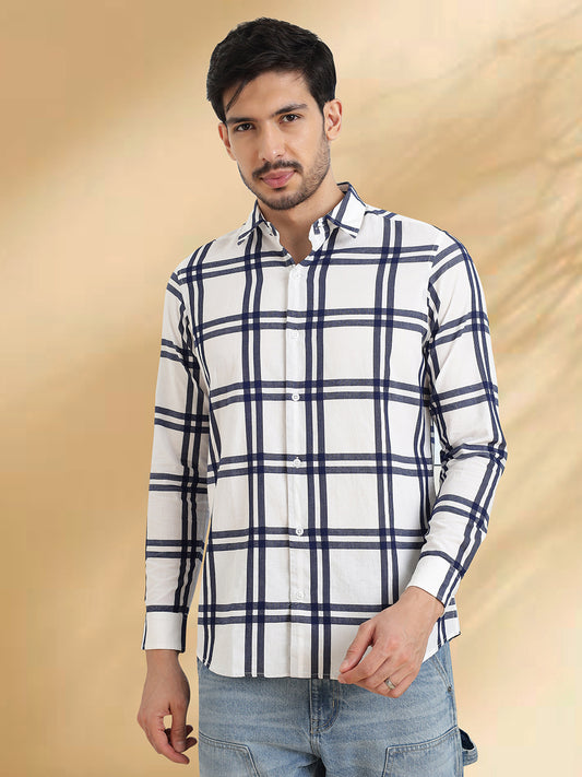 Men White and Black Checkered Classic Fit Smart Casual Shirt