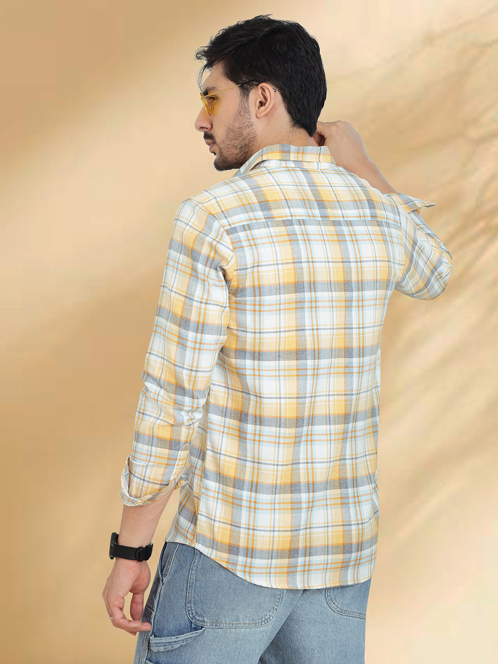 Men Brushed Flannel Yellow, Sky Blue and Blue Checkered Classic Fit Smart Casual Shirt