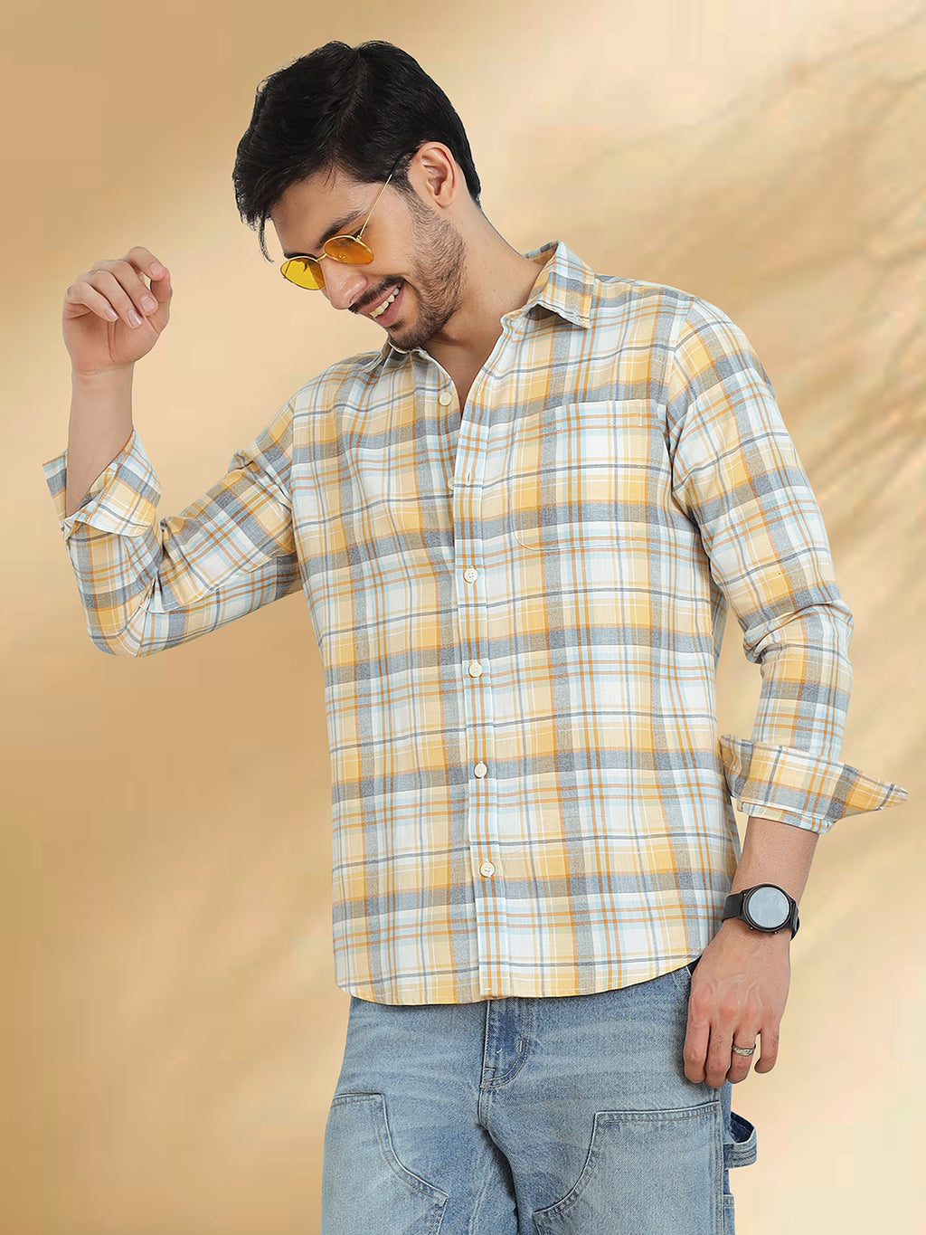 Men Brushed Flannel Yellow, Sky Blue and Blue Checkered Classic Fit Smart Casual Shirt