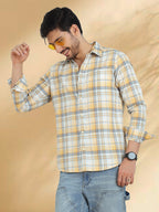 Men Brushed Flannel Yellow, Sky Blue and Blue Checkered Classic Fit Smart Casual Shirt
