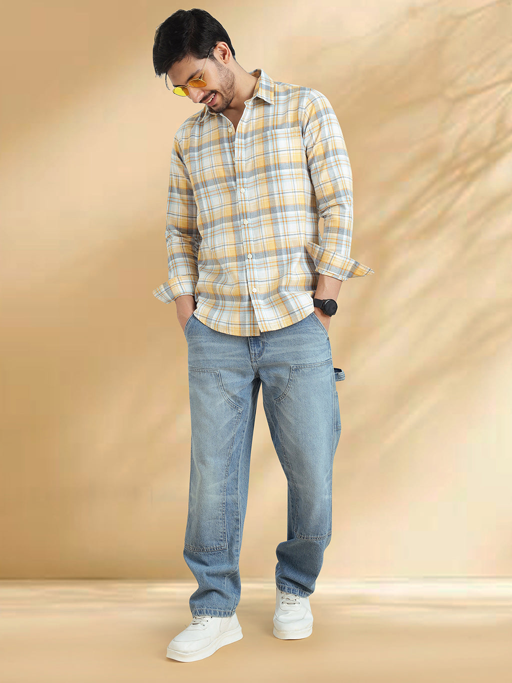 Men Brushed Flannel Yellow, Sky Blue and Blue Checkered Classic Fit Smart Casual Shirt