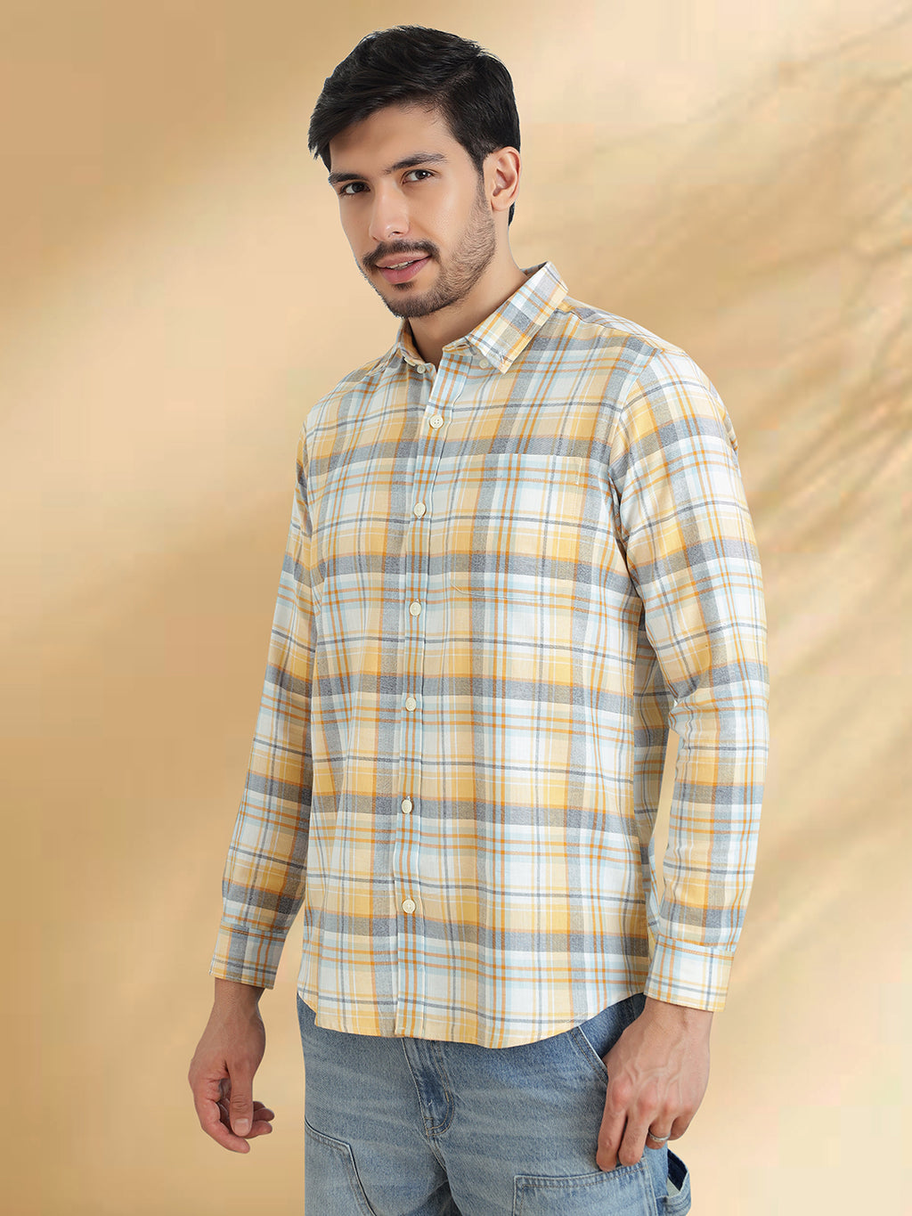 Men Brushed Flannel Yellow, Sky Blue and Blue Checkered Classic Fit Smart Casual Shirt