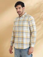 Men Brushed Flannel Yellow, Sky Blue and Blue Checkered Classic Fit Smart Casual Shirt