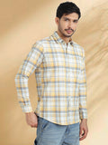 Men Brushed Flannel Yellow, Sky Blue and Blue Checkered Classic Fit Smart Casual Shirt