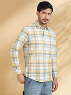 Men Brushed Flannel Yellow, Sky Blue and Blue Checkered Classic Fit Smart Casual Shirt