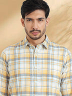 Men Brushed Flannel Yellow, Sky Blue and Blue Checkered Classic Fit Smart Casual Shirt