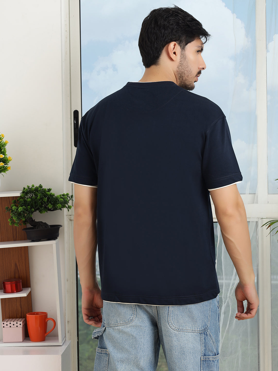 Men Oversize Navy Blue Baggy Fit Short Sleeve T Shirt - Style Code- OS-102-NAVY