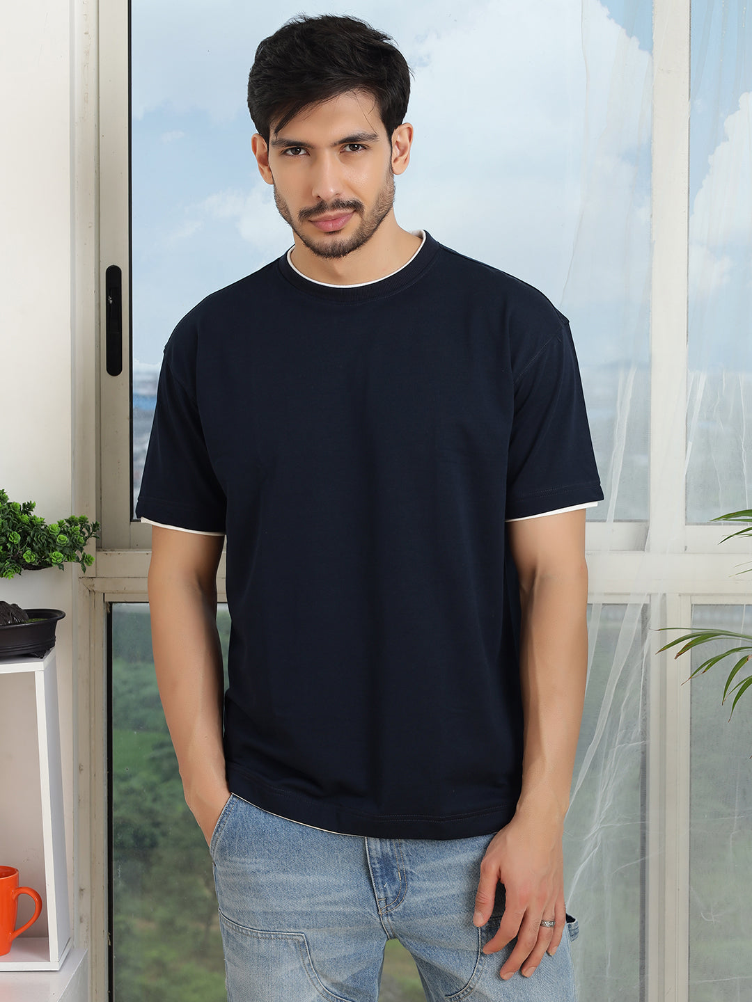 Men Oversize Navy Blue Baggy Fit Short Sleeve T Shirt - Style Code- OS-102-NAVY