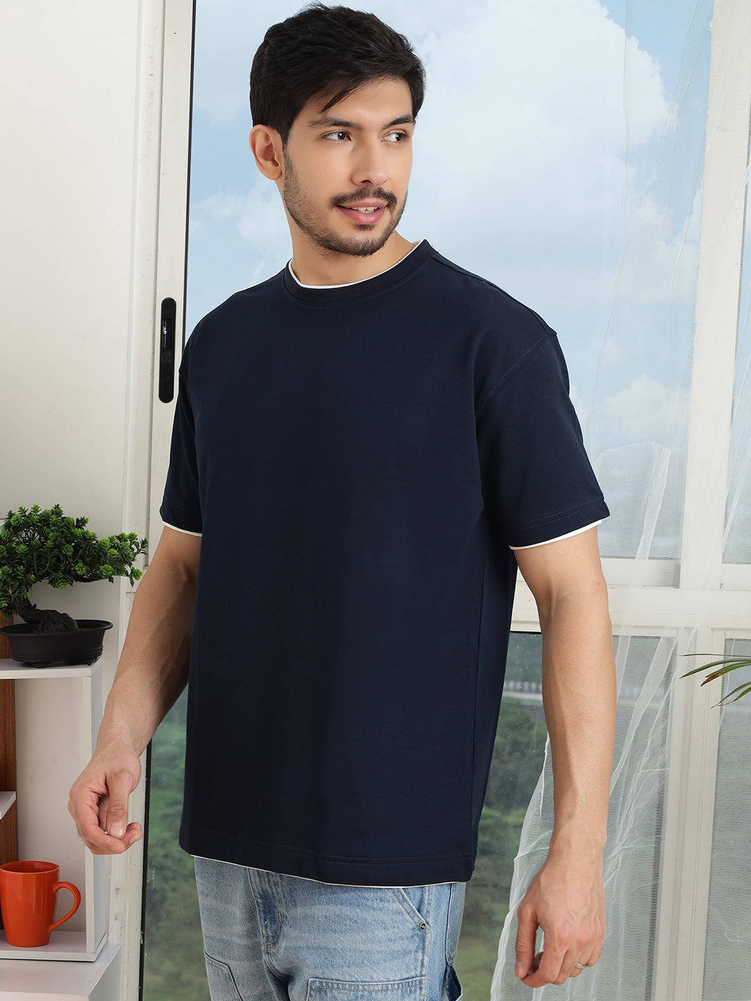 Men Oversize Navy Blue Baggy Fit Short Sleeve T Shirt - Style Code- OS-102-NAVY