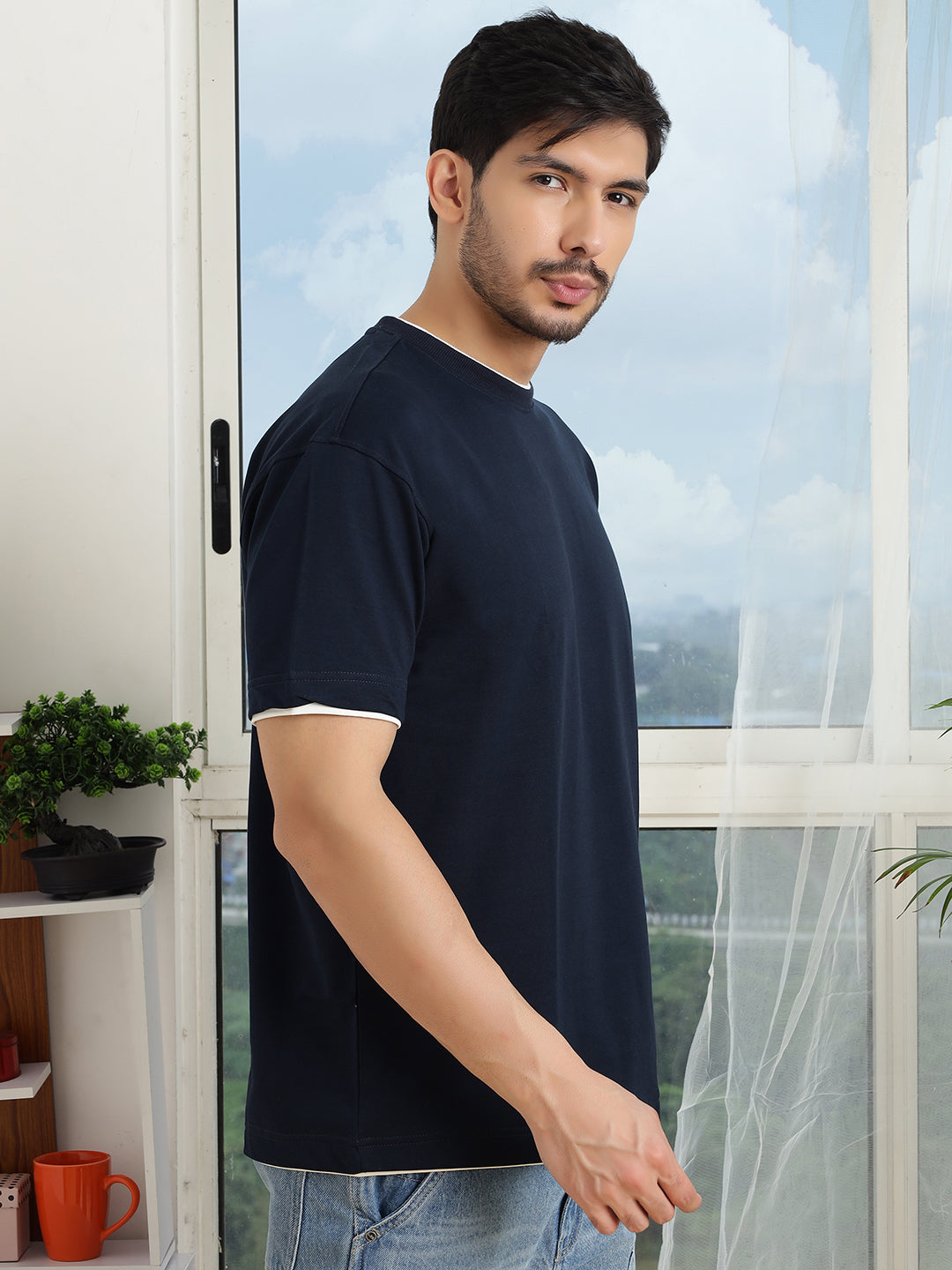 Men Oversize Navy Blue Baggy Fit Short Sleeve T Shirt - Style Code- OS-102-NAVY