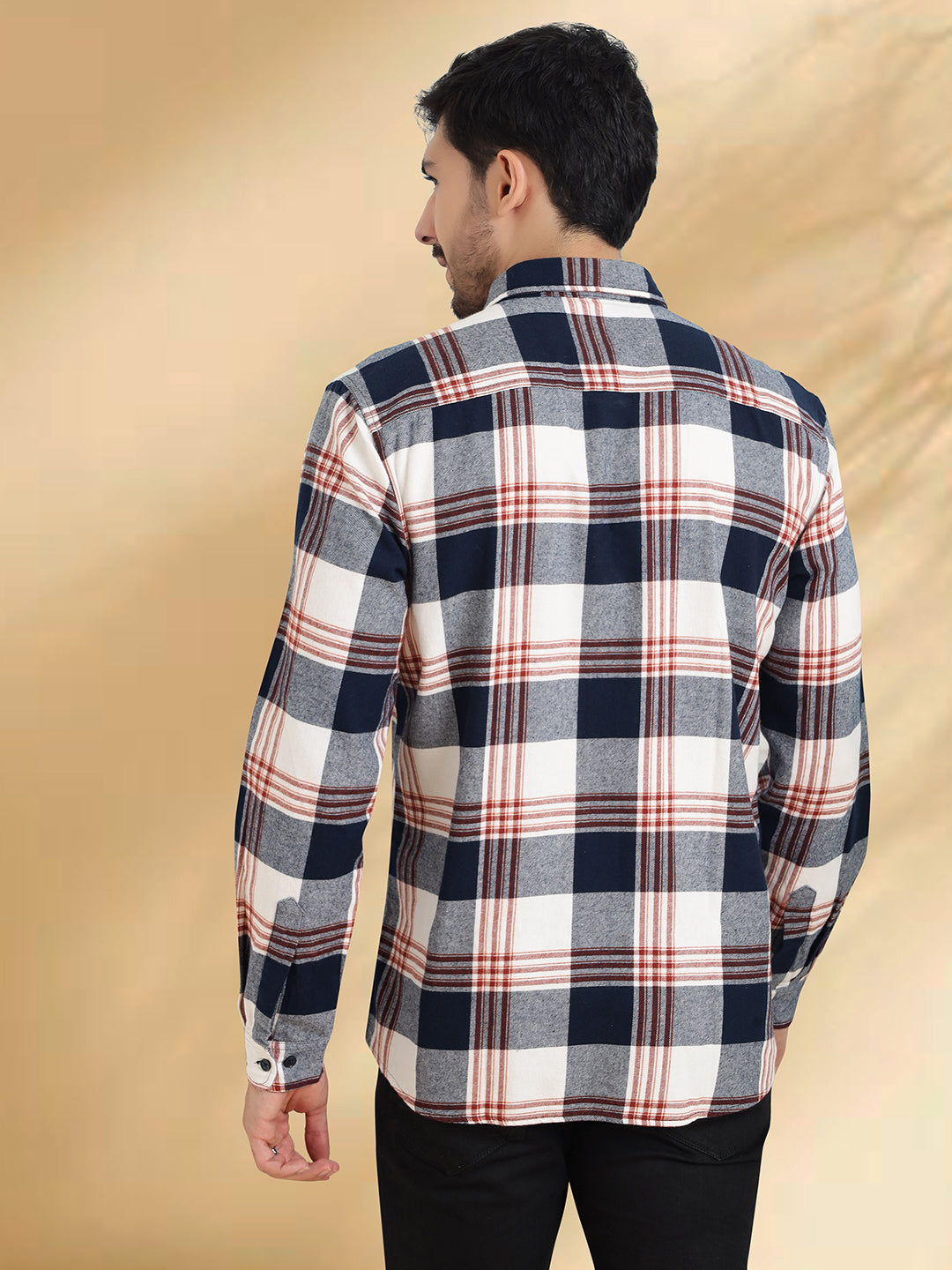 Men Brushed Flannel Navy Maroon and White Checkered Classic Fit Smart Casual Shirt