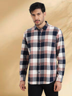 Men Brushed Flannel Navy Maroon and White Checkered Classic Fit Smart Casual Shirt