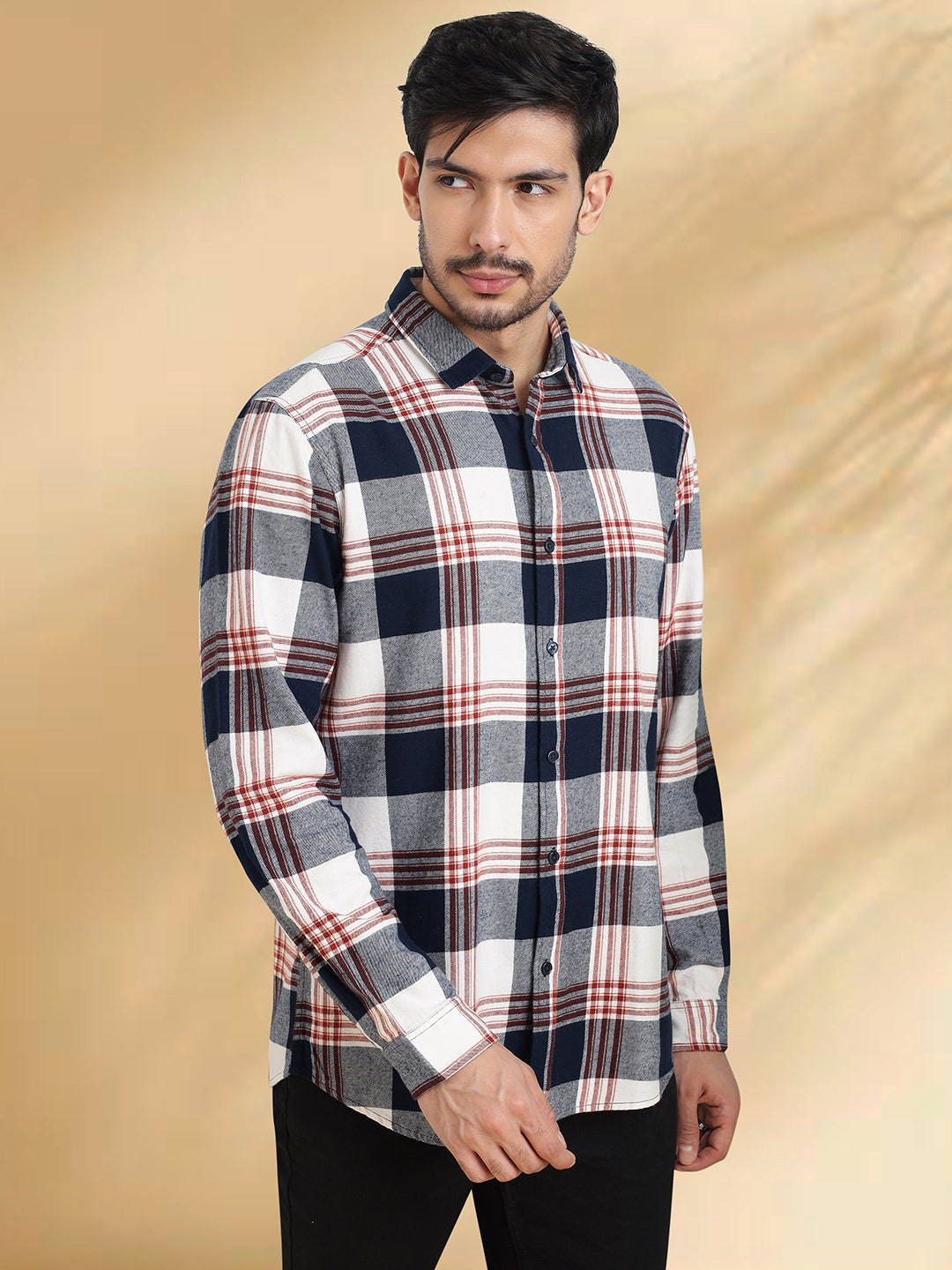 Men Brushed Flannel Navy Maroon and White Checkered Classic Fit Smart Casual Shirt