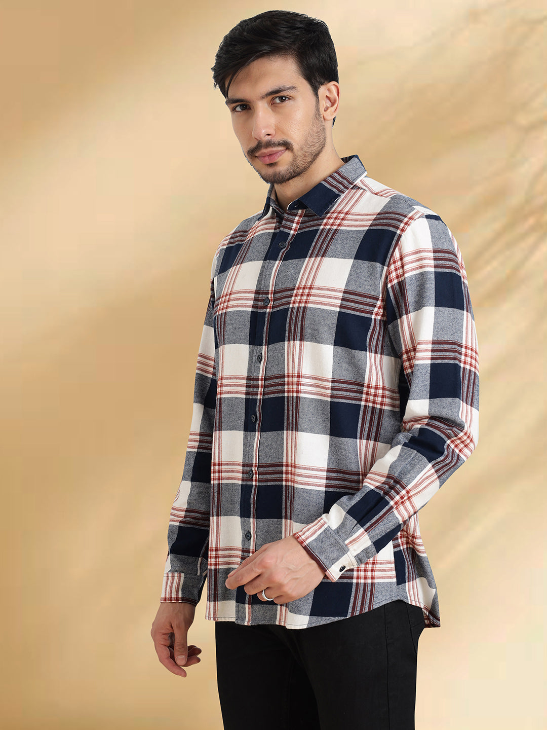 Men Brushed Flannel Navy Maroon and White Checkered Classic Fit Smart Casual Shirt