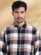 Men Brushed Flannel Navy Maroon and White Checkered Classic Fit Smart Casual Shirt