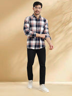 Men Brushed Flannel Navy Maroon and White Checkered Classic Fit Smart Casual Shirt