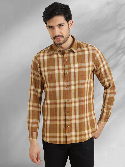 Men Brushed Flannel Mustered and White Checkered Classic Fit Smart Casual Shirt