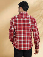 Men Maroon and White Cotton Checkered Classic Fit Smart Casual Shirt